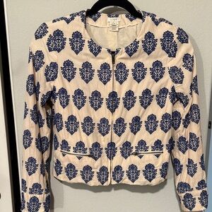 J. Crew Women's Cropped  Blue and Cream Bomber Jacket